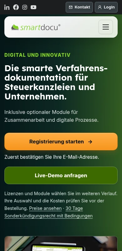 smartdocu Startseite auf dem Smartphone