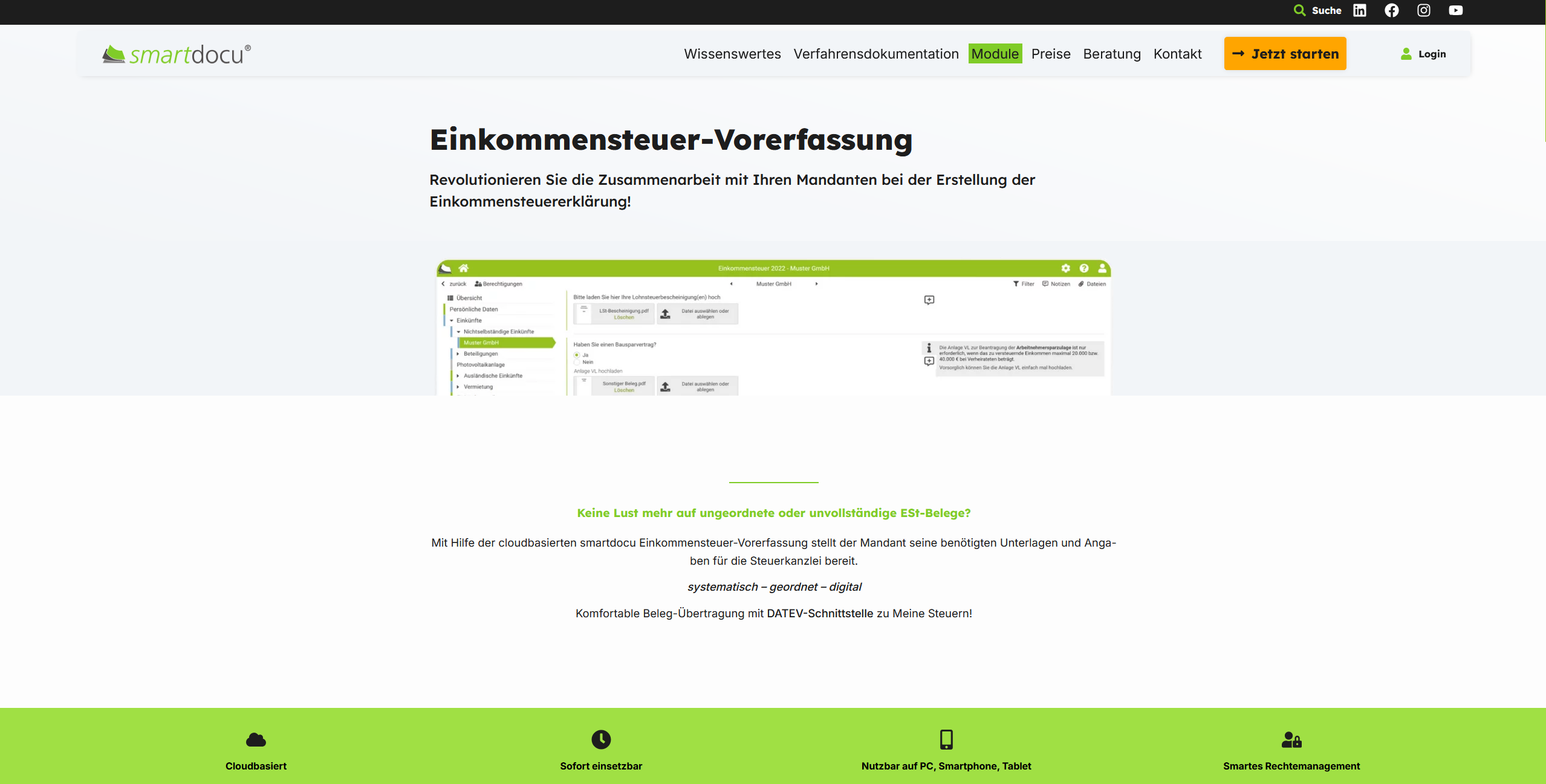 Smartdocu Landingpage zur Einkommensteuer-Vorerfassung