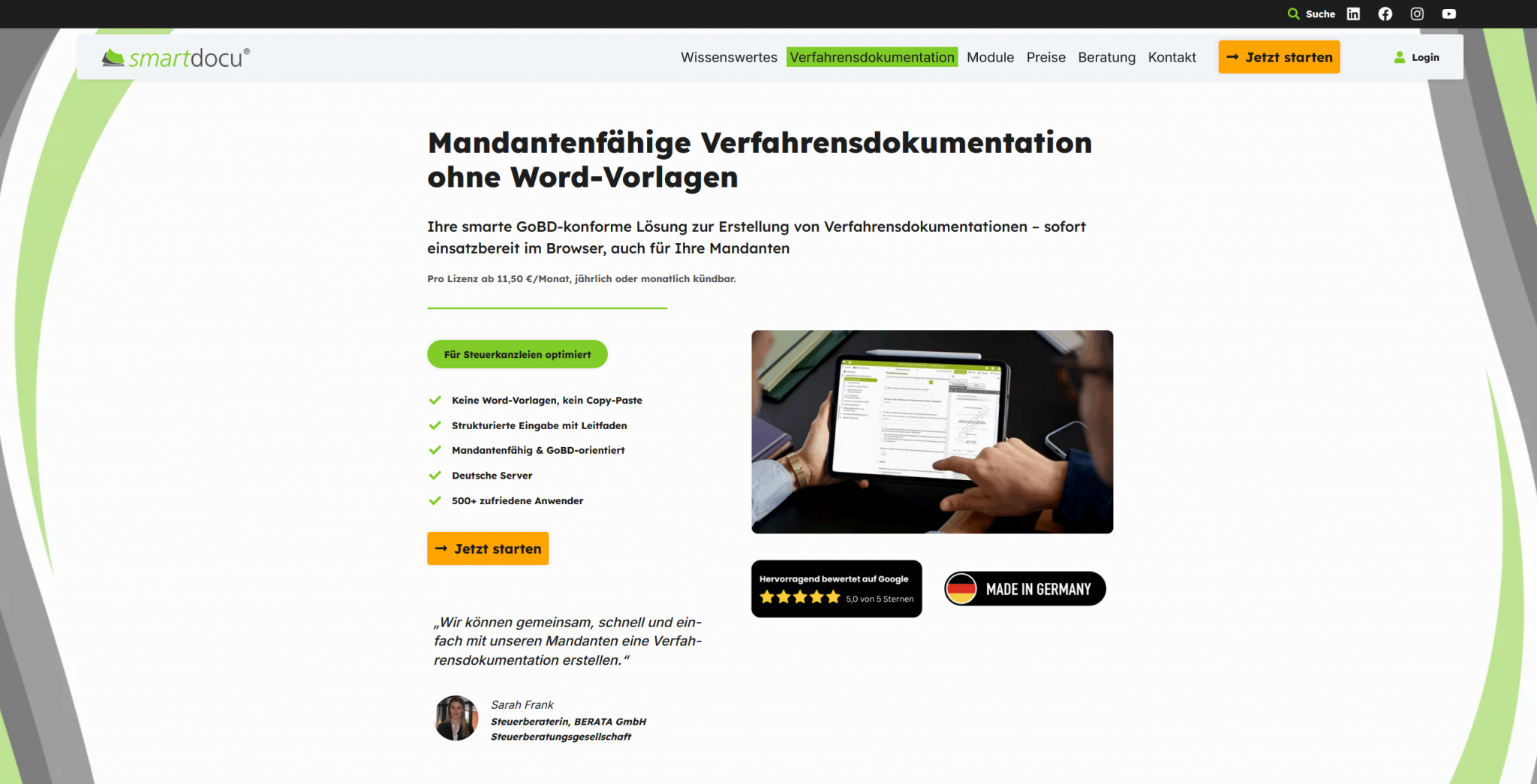 SEM Verkaufsseite von smartdocu in der Desktop-Ansicht