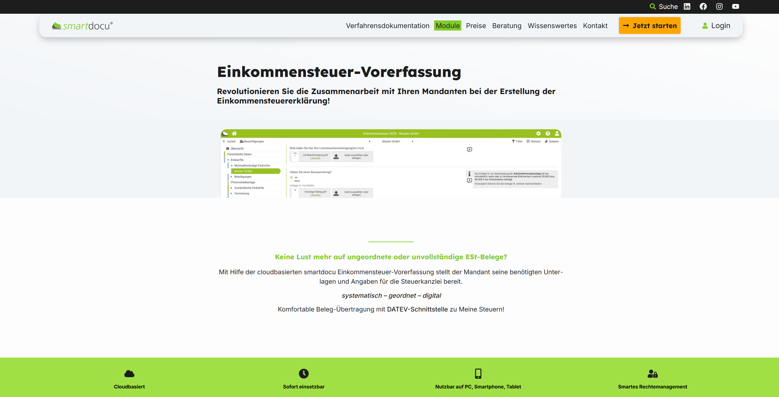 Smartdocu Websiteansicht mit Inhaltsbereichen und Navigation